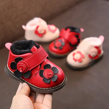 

Winter New Style GIRL'S Shoes Korean-style Flower Soft-Sole Warm Shoes Baby Velcro plus Velvet Short Boots 0-2-Year-Old