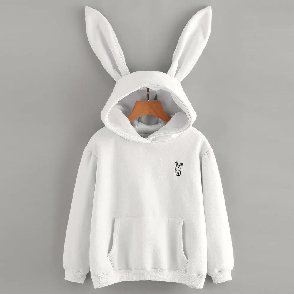 Hoodies Women Long Sleeve Soild Thick Winter Sweatshirt Yellow Pullover Tops Blouse Cute Rabbit Ears Pink Hoody Black Clothes#D