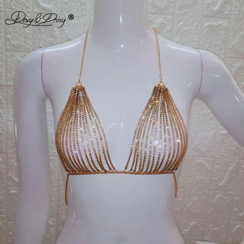 DAVYDAISY Women Rhinestone Bras Hot Metal Chain Crystal Bralette Beach Club Wear Tops Fashion Body Chain Sexy Lingerie BR052