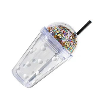 

1PC 380ML Straw Plastic Cup Heart Pattern Sequin Double Layer Water Bottle Milkshake Bottle for Home Office