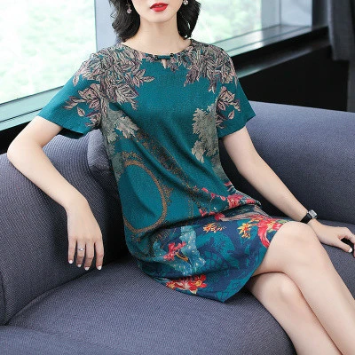 

2020 Summer Fashion Printed Elegant Temperament Silk Women Dress New Simple Short Sleeve Round Collar Loose Xxxxl Lady Dresses