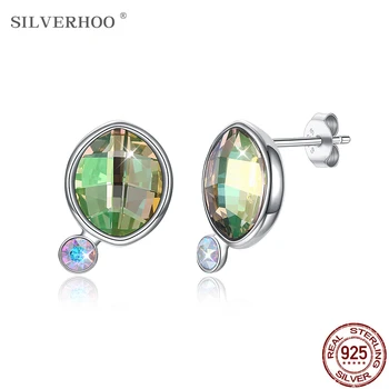 

SILVERHOO 925 Sterling Silver Stud Earrings For Women Lrregular Circle Shape Austrian Crystal Party Earrings Gift Trend 2020