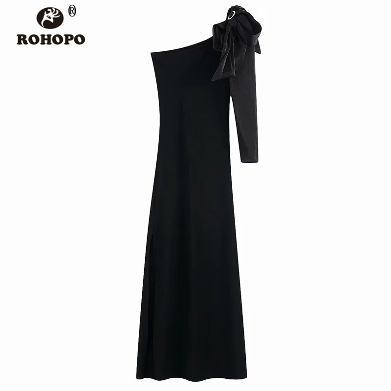 ROHOPO элегантные черные вечерние платья в пол, градиентный воротник, бант на плече, женские мягкие шелковистые однотонные платья#9894