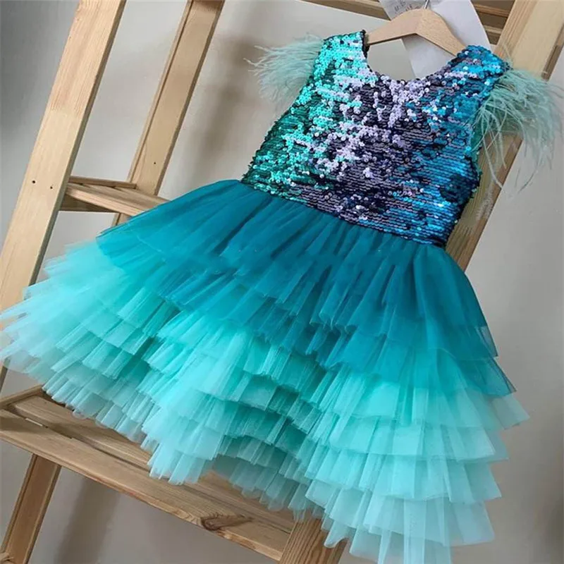 

Shiny Sequins Tulle Dress Girls Toddler Princess Birthday Party Gown Ruffle Formal Dresses Girls Clothes