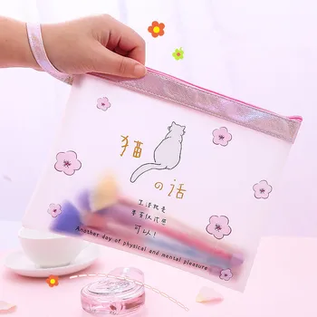 

Women Travel Transparent Cosmetic Bag Cat Print Matte TPU Waterproof laser Makeup Bag Case Bath Wash Organizer Set Pouch