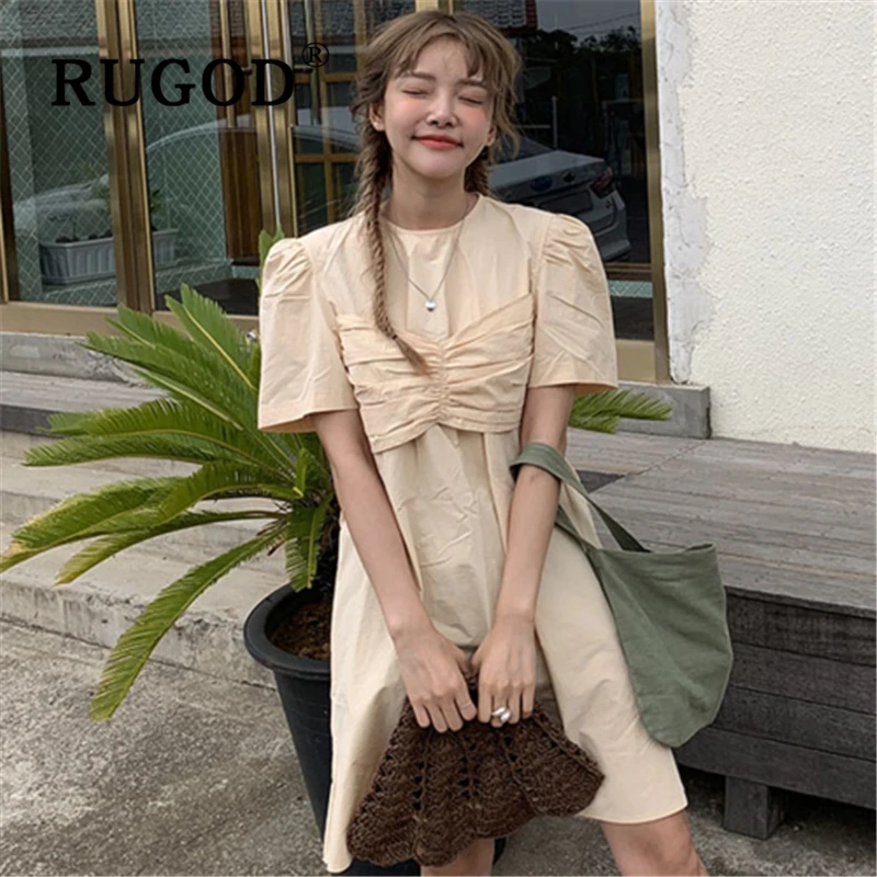 RUGOD шикарное милое однотонное летнее платье Корейский пышные рукава Белый Офис