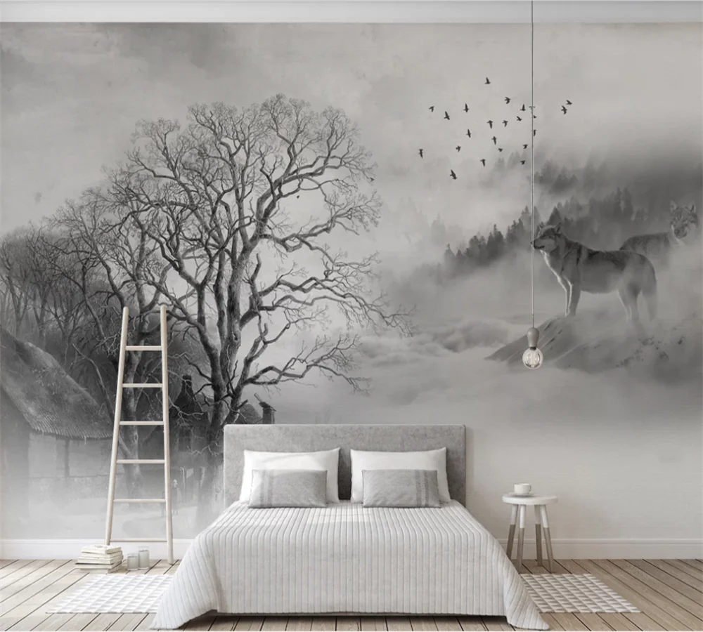 

Custom 3D wallpaper mural Nordic minimalist black and white misty pine bird wolves background wall paper mural