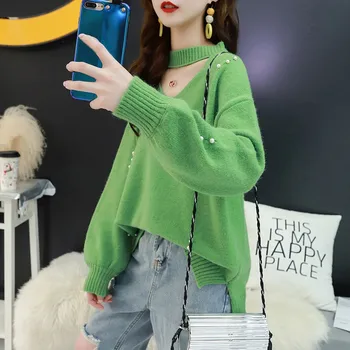 

Female Round Neck Fashion Chic Long Sleeve Knit Pullover Sweaters Women Loose Casual Solid Color Hollow Beading Sweater