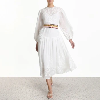 

Women Summer Lace Dress Embroidery High Waist Belted Tunic Midi Dress