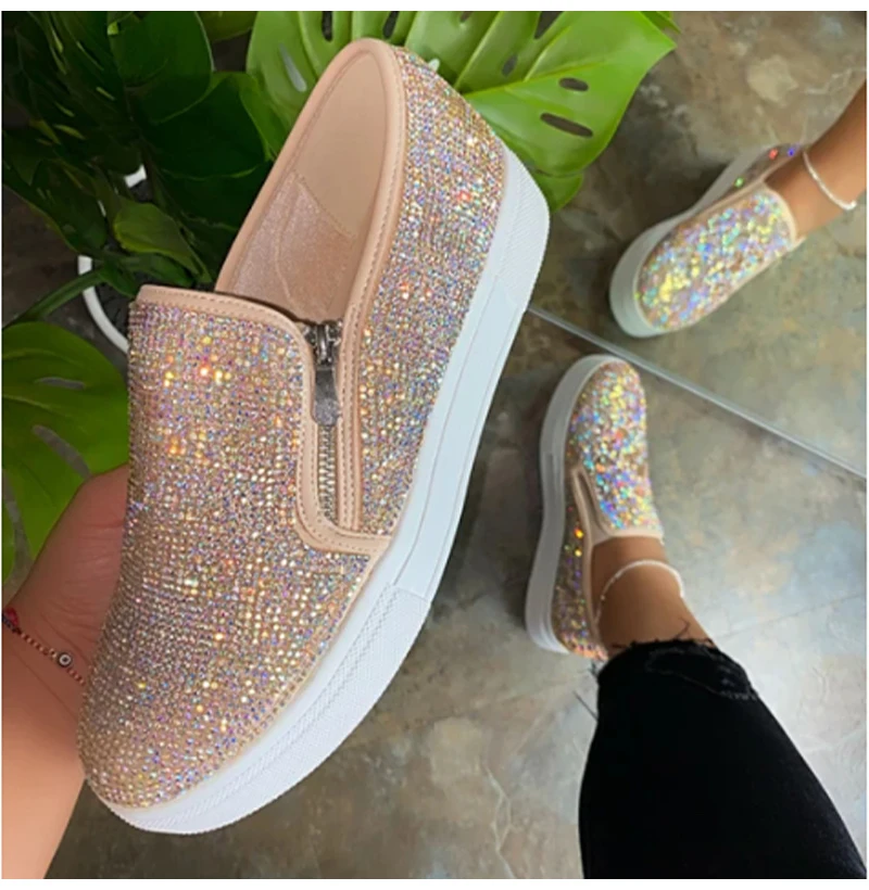 Comemore New Women Flat Loafers Woman Rhinestone Shoes Female Luxury Casual Platform Women's Glitter Slip On Shoes Plus Size 43