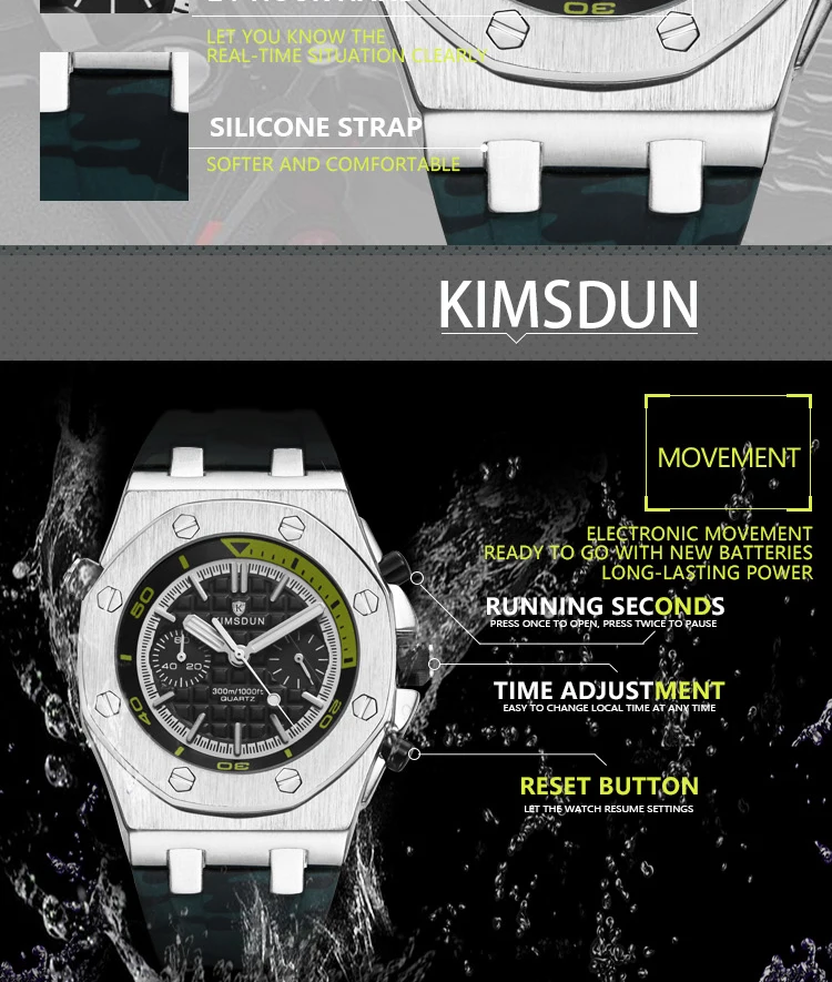 KIMSDUN Мужские кварцевые часы зеленые часы из кремнекаучука водонепроницаемые спортивные бизнес Топ люксовый бренд Королевский дуб AP Relogio Masculino