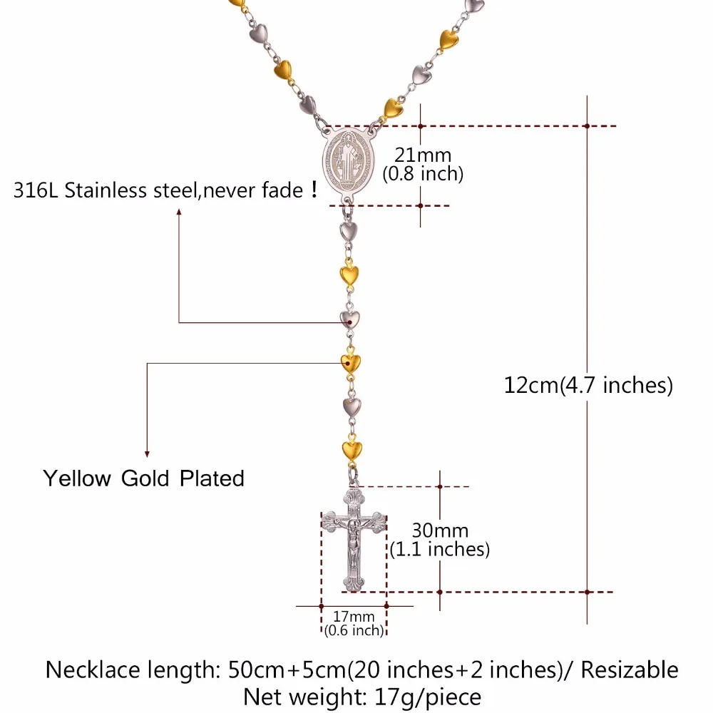 Collare Cross Chain Rosary Necklace Gold Color Heart Linked Stainless Steel Necklace Women Men Saint Benedict Medal Jewelry N217