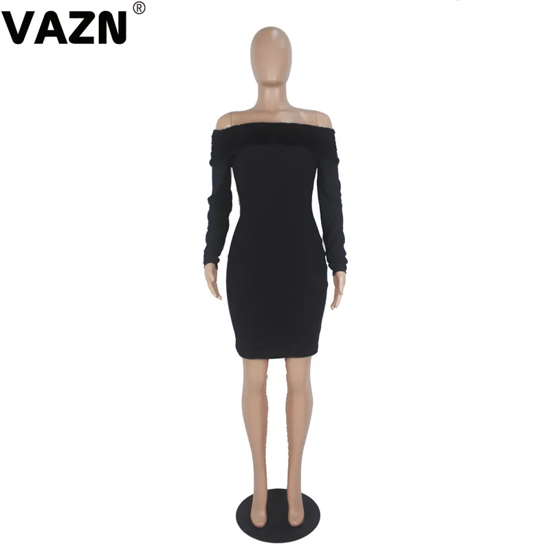 VAZN SD9194, Осеннее, новейшее, необычное, сексуальное, Клубное, для взрослого возраста, модное, черное, с вырезом лодочкой, длинный рукав, высокая талия, тонкое, женское мини-платье