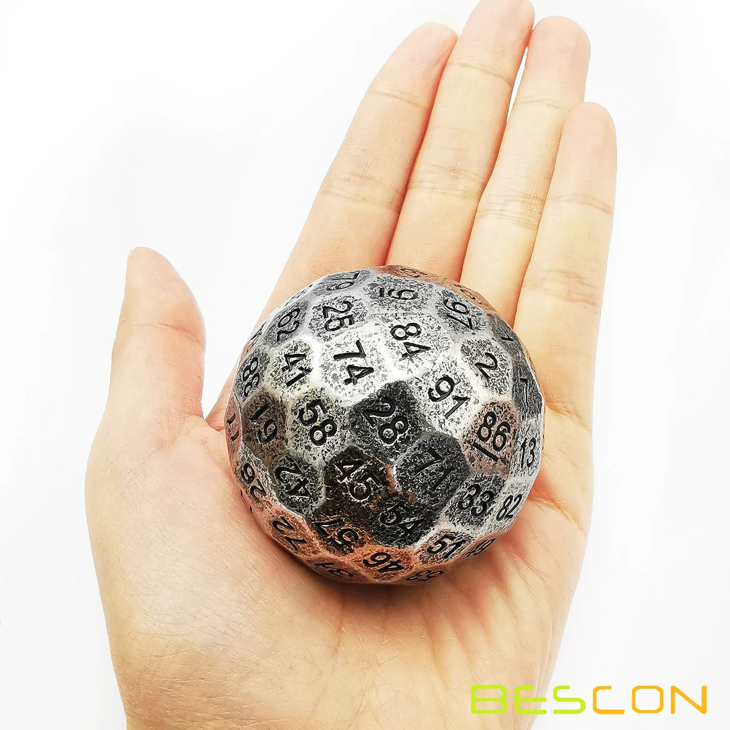 Bescon Solid Metal 100 Sided Dice, Game Dice D100,Giant Polyhedral Metal 100 Sides Dice 50MM in Diameter (1.97in),Ancient Silver 5
