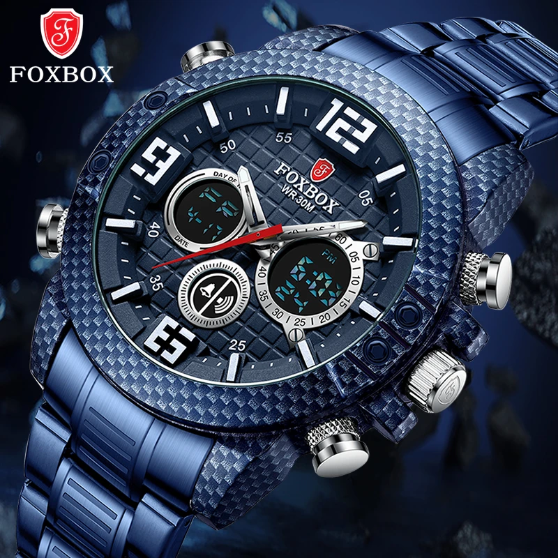 FOXBOX Carbon Fiber Case Sport Mens Watches Top Brand Luxury Quartz