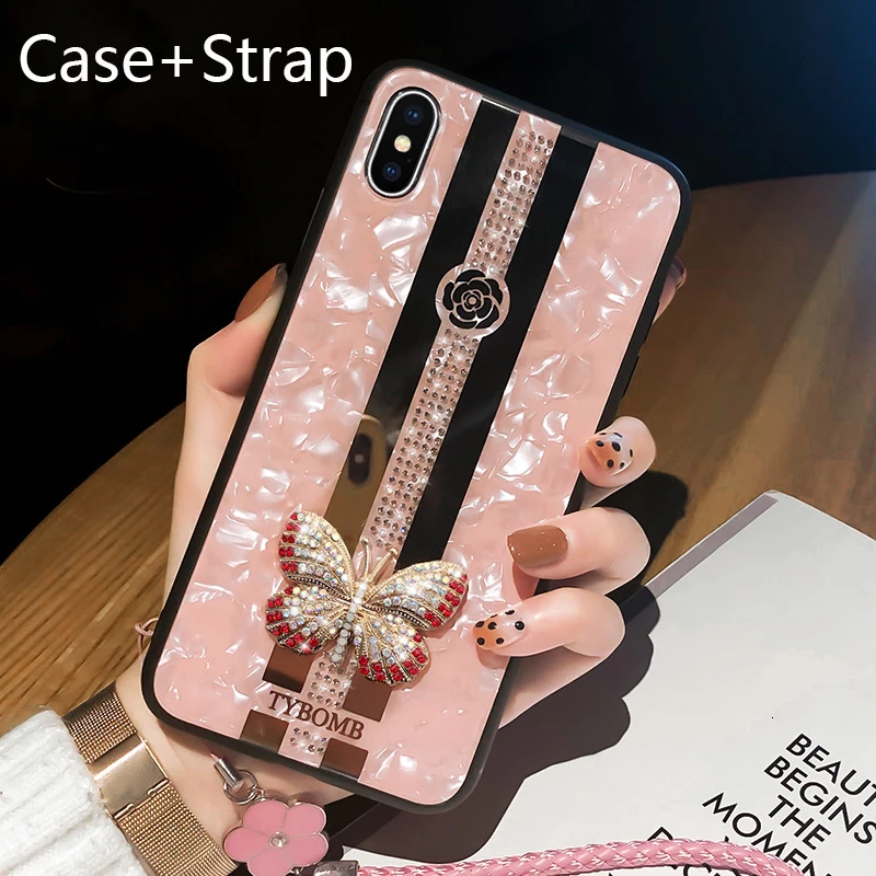 Case Strap A2 Роскошный креативный зеркальный Модный 3D инкрустированный чехол для телефона с бабочкой для iPhone X XR XS MAX 11 Pro Max чехол для iPhone 7 8 6 Plus чехол - Цвет: Case Strap A2