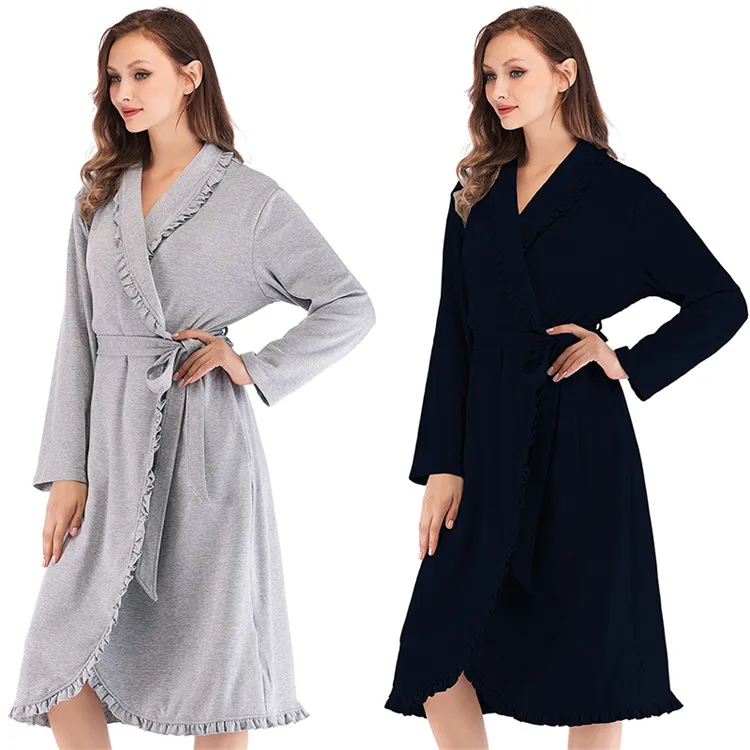 Design Women Sleepwear Elegant Kimono Robe Ladies Winter Autumn Casual Bathrobe Loose Ruffle Soild Bathroom Spa Robes For Women