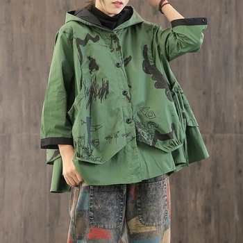 

Female new spring and autumn plus size plus size hooded top with hand-painted doodle printed casual loose outerwear