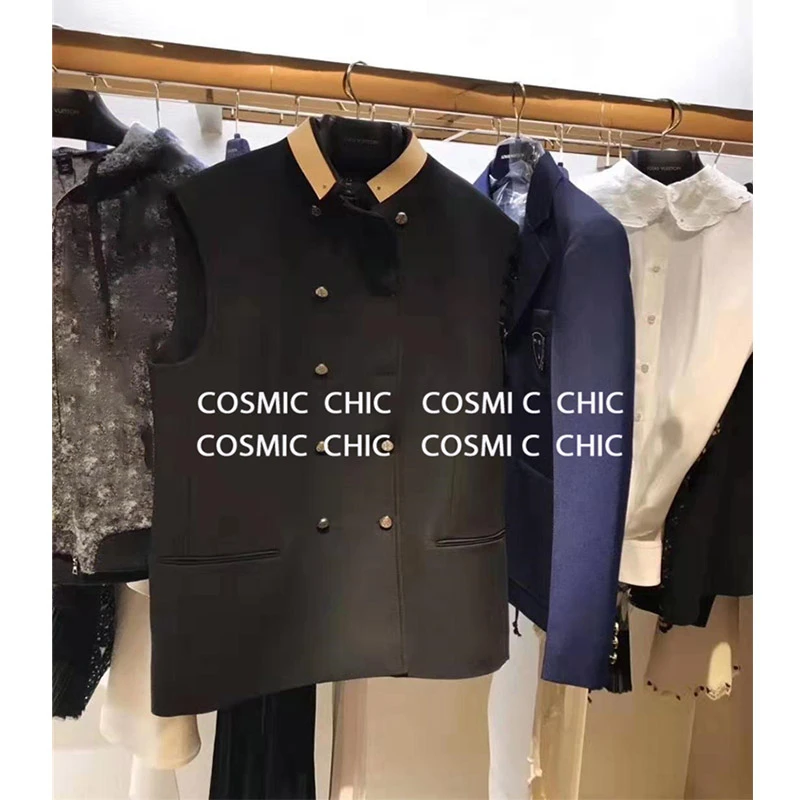 Cosmicchic элегантный офисный женский жилет стоячий воротник жилеты Блейзер двойная кнопка без рукавов карман куртка кожаный воротник женский жилет