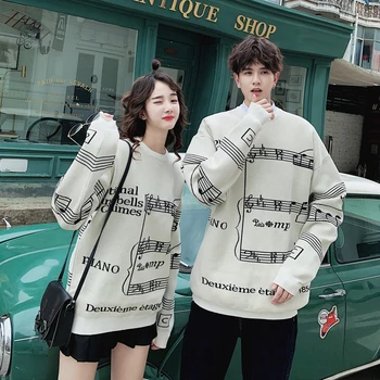 

2019 Autumn New Korean Version Of The Trend Japanese Loose Couple Round Neck Of The Note Bottom Casual Sweater