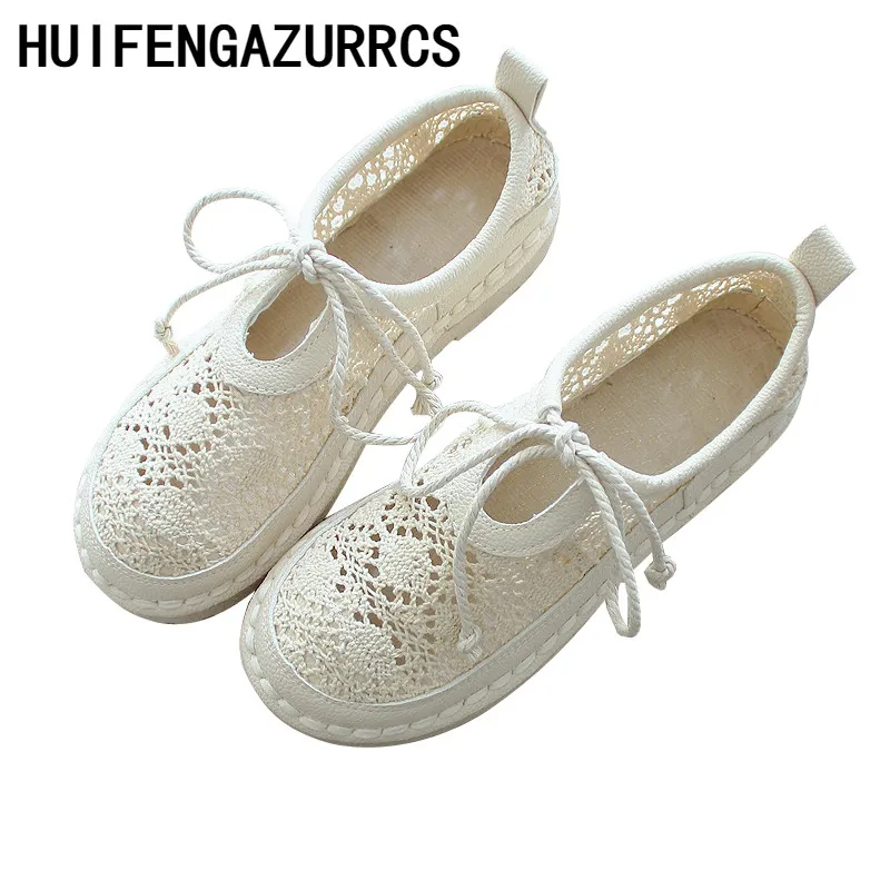 

HUIFENGAZURRCS-Lace fisherman's shoes RETRO art hand-made soft sole single shoes sewing mesh shoes summer sandals,4 colors