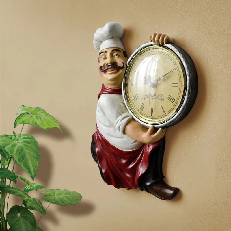 Европейские ретро пасторальные настенные часы Смола статуэтка шеф-повара часы немой кварцевые часы гостиная кухня настенные часы домашний декор