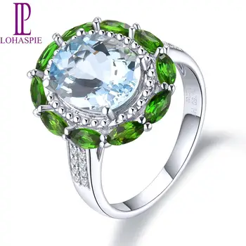 

LP Luxury K-Gold Jewelry Natural Aquamarine & Diamond & Chrome Diopside Solid 18k White Gold Vintage Ring For Women