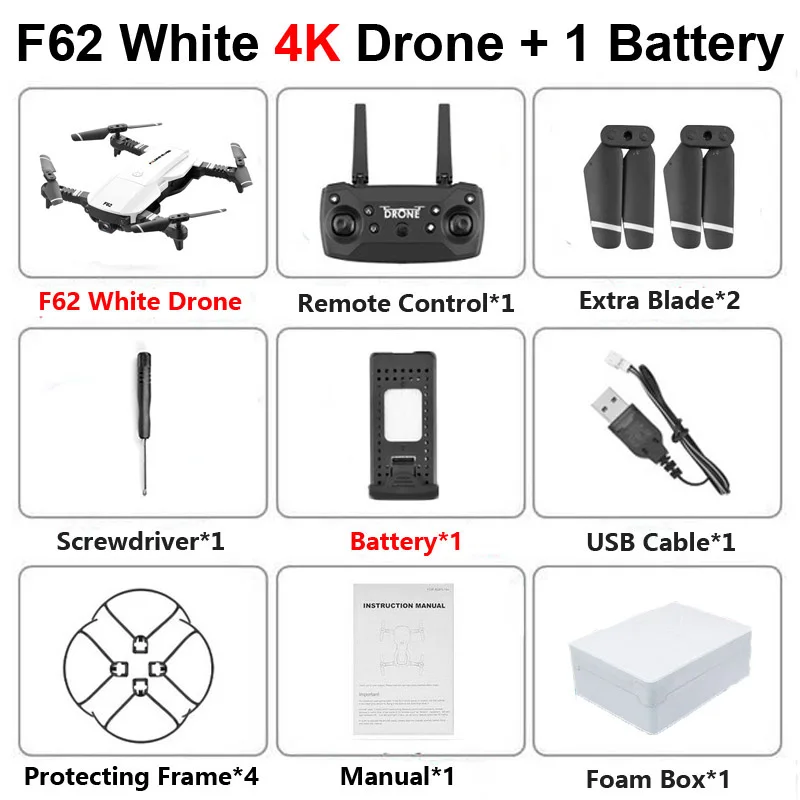 F62 W 4K 1B Foam F62 Foldable Profissional Drone with 4K HD Dual Camera WiFi FPV Optical Flow Wide Angle RC Helicopter Quadrocopter Toy SG106 E58 - Цвет: F62 W 4K 1B Foam