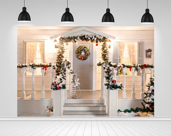 

Scopiso Photography Backdrop Christmas Porch Door Wreath Snow Tree Xmas Decoration Photographic Photo Background Studio Props
