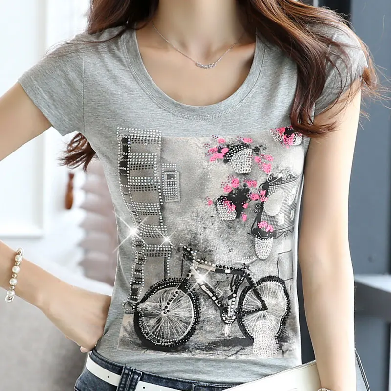 Женские футболки Стразы с бусинами и коротким рукавом женские топы бриллиантами