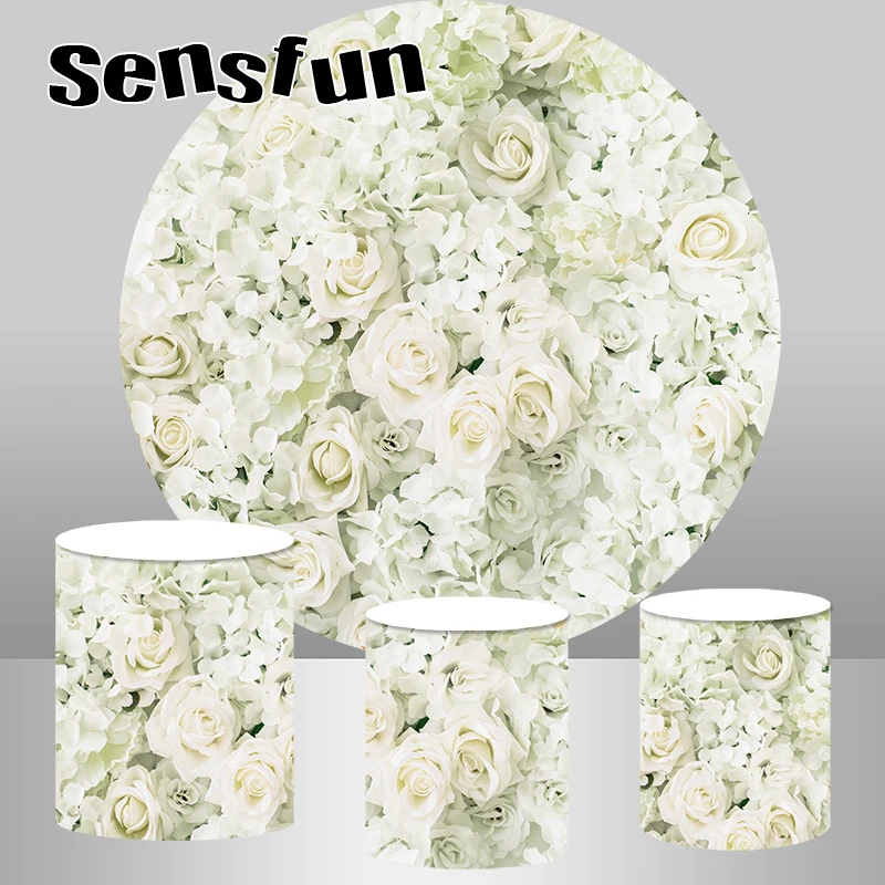 

Romantic Ivory Rose Flowers Wedding Round Backdrop Cover Lady Woman Birthday Party Background Cylinder Covers