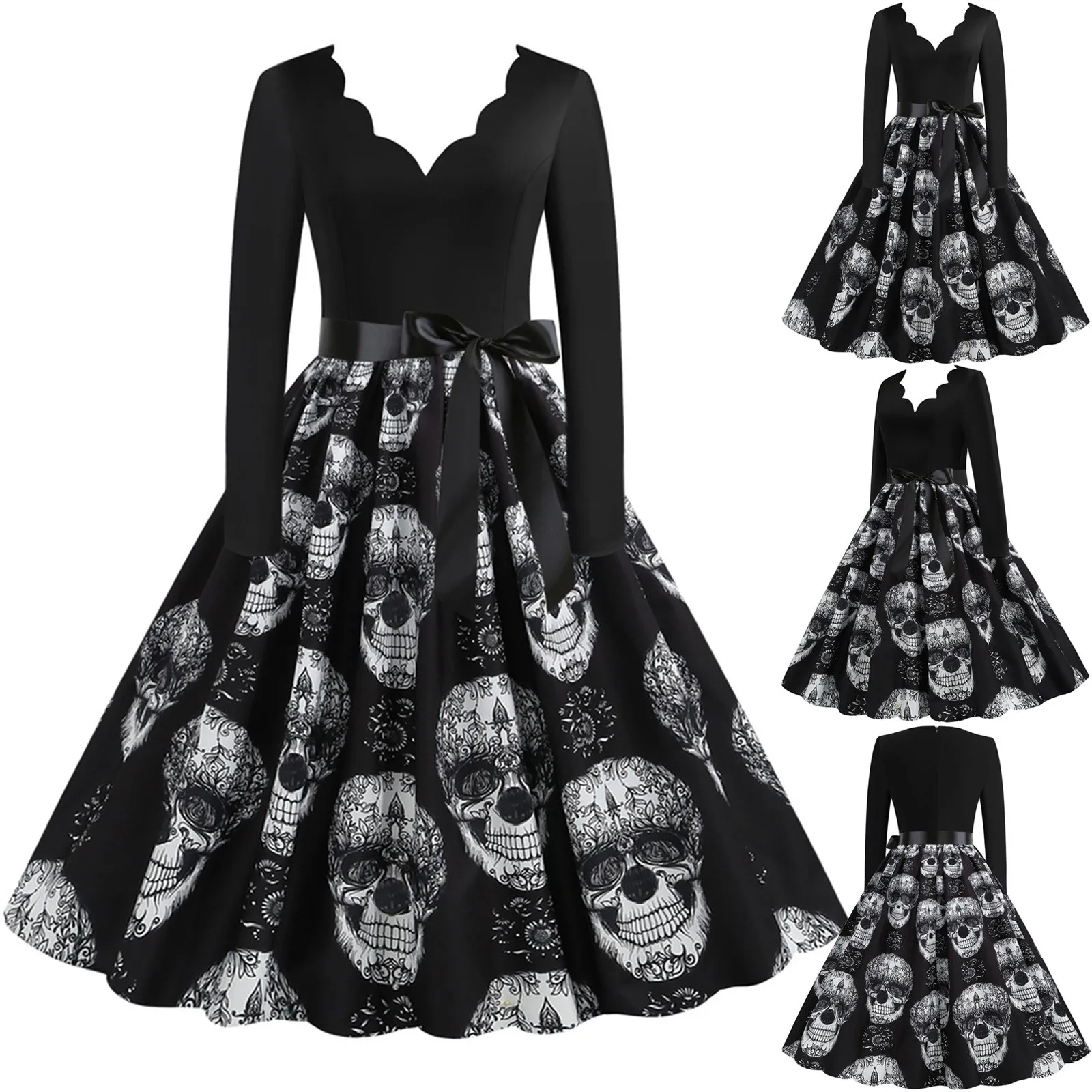 Gothic Skull Print Halloween Dresses Women Large size Vintage Long Sleeve Halloween 1950s Housewife Evening Party Prom Dress