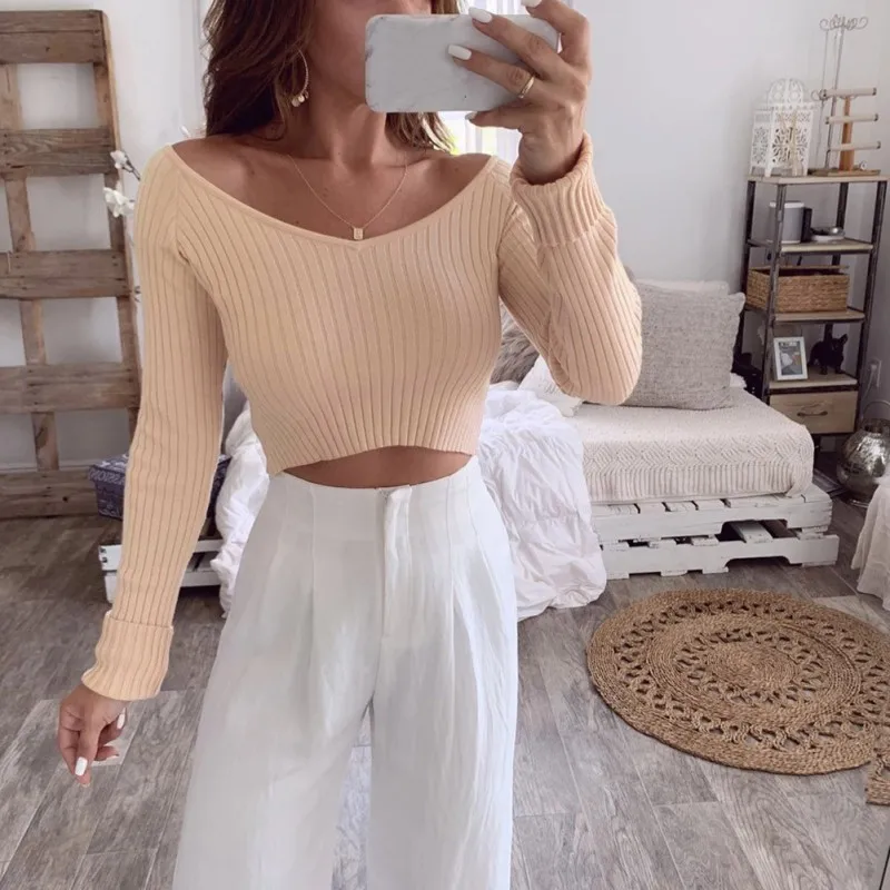 

Female Cotton Long Sleeve Tops Autumn Sexy Deep V Neck Sweater Women's Pullover Short Styles Slim Bottoming Sweater