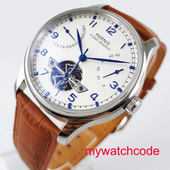 

43mm Parnis white dial brown leather strap power reserve ST2505 automatic movement men's watch Relogio Masculino