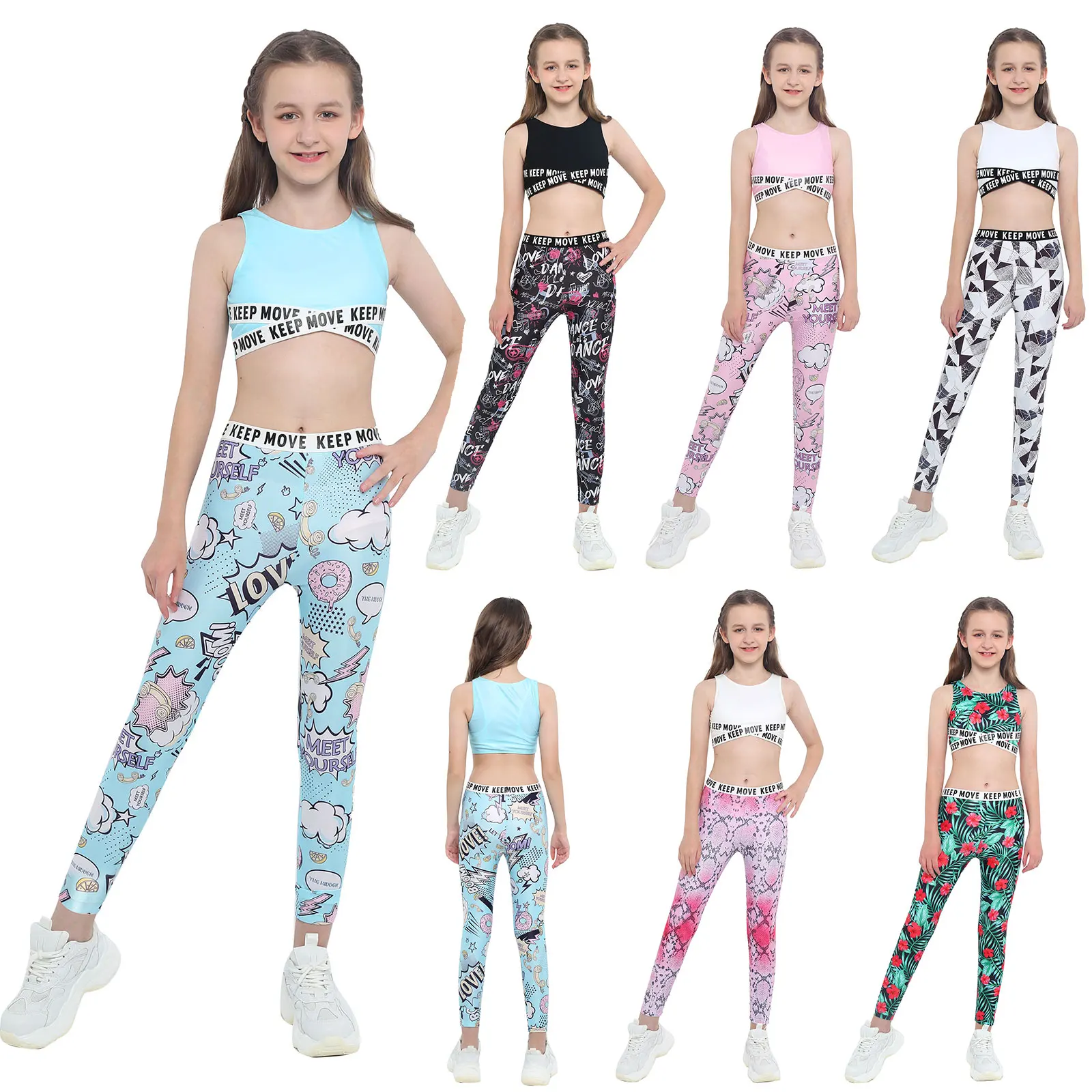 Kids Girls Sports Suit Printed Sleeveless Tanks Bra Crop Top With