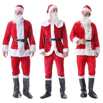 

6pcs Santa Claus Costume Christmas Cosplay Suit Festival Clothes Coat Pants Hat Beard Belt Shoes Outfits for Adults Xmas Gift