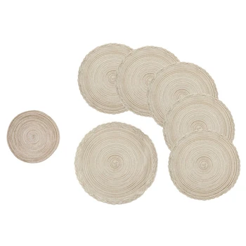 

7 Pcs Beige Placemat Insulation Mat Round Placemat Carpet Kitchen Accessories Decoration Home Mat, 6 Pcs 38Cm & 1 Pcs 18Cm