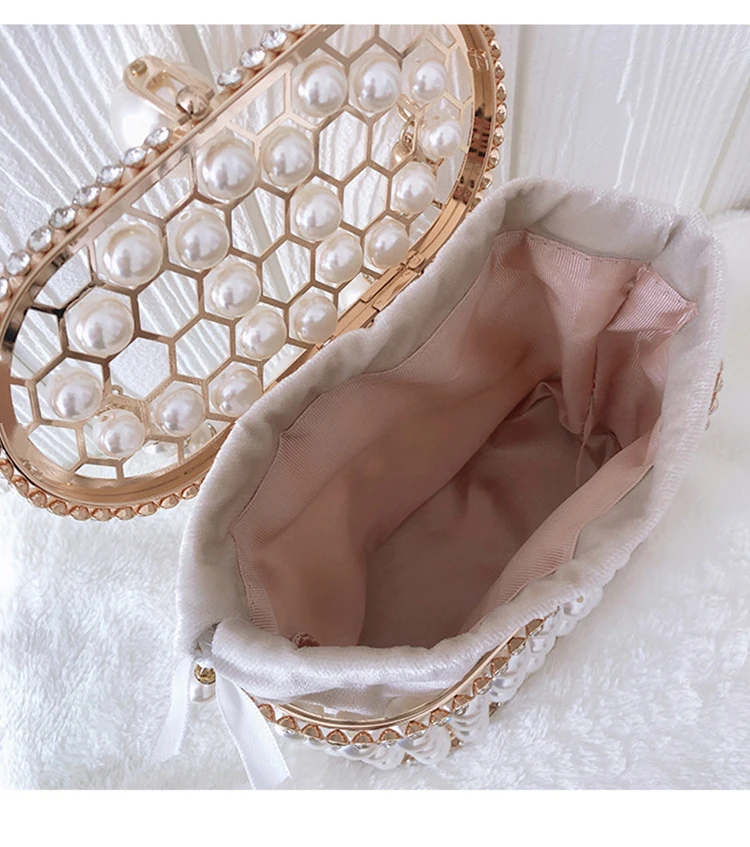 Luxy Moon Pearl Metal Case Drawstring Velvet Basket Clutch Bag Apricot Color Inside View