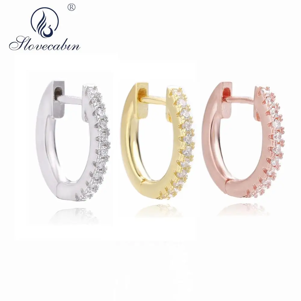 

Slovecabin 925 Sterling Silver Good Hoop Earrings Small Huggies Middle Circle Loops Crystal CZ Round Women Earring Jewelry