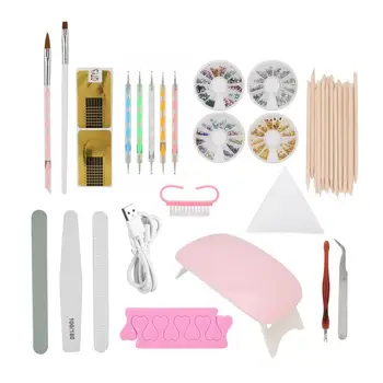 

Nail Art Tool Set DIY Dead Skin Fork Nail Dotting Pen File Dust Brush Rhinestone Manicure Kit Accessories With Nails Dryer Lamp