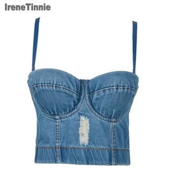 

Denim Jeans Women's Button Bustier Bra Night Club Party Cropped Top Vest Plus Size