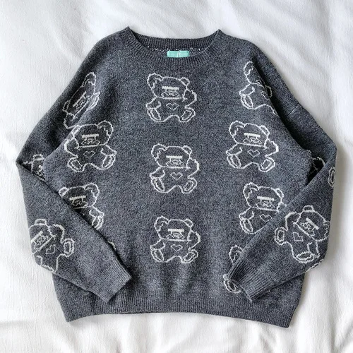 gray Neploe Pull Femme милый медведь вышивка женский свитер с длинными рукавами и круглым вырезом вязаный пуловер Мягкий Топ Джемпер серый черный трикотаж 55104 - Цвет: gray
