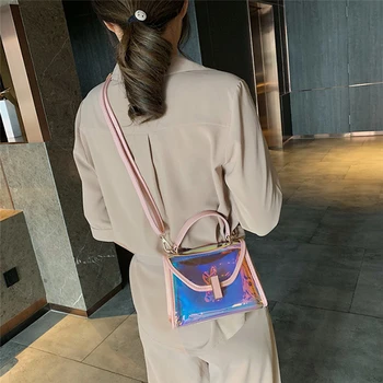 

2019 New Colorful Literary Women 's Handbags Korean Laser Shoulder Slung Small Square Bags PU Jelly Transparent Crossbody Tote