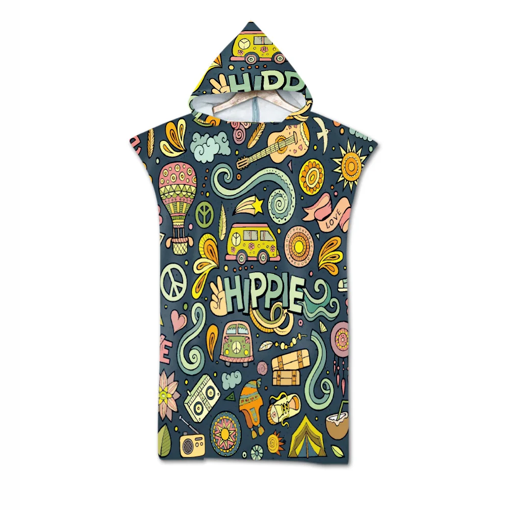 Adult Kids Microfiber Quick Drying Peace and Love Pattern Absorbent Hooded Beach Bath Towel Diving Suit Changing Robes Poncho