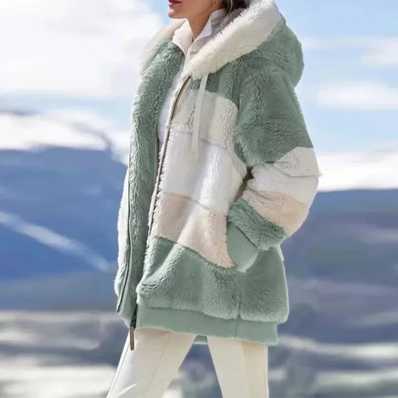 

Winter Women's Coat Korean Fashion Casual Stitching Plaid Ladies Clothes Hooded Zipper Ladies Coat Lamb Jacket аке из баѬанин
