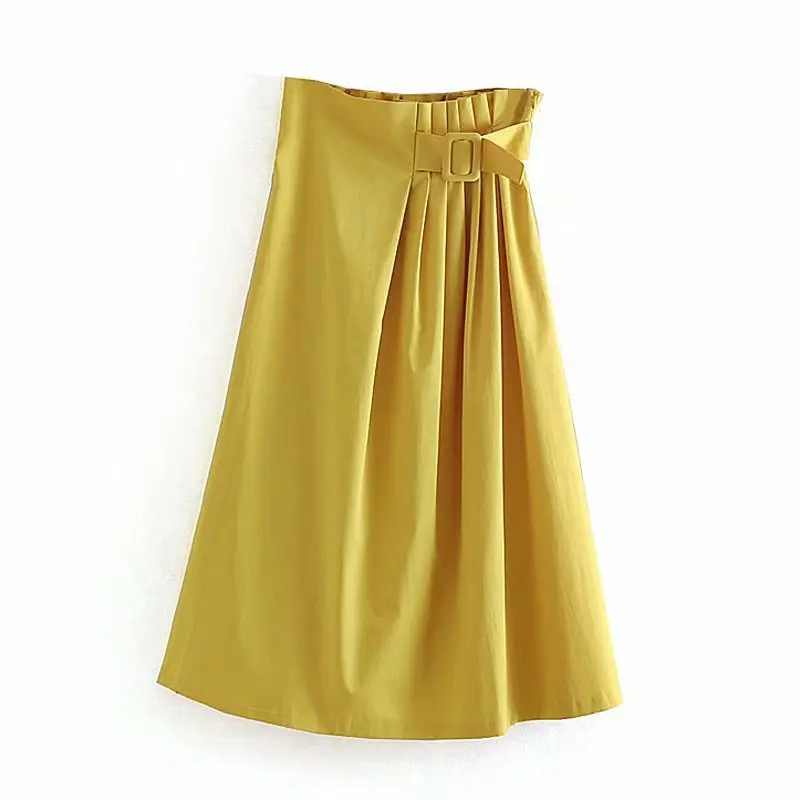 

2019 Western Style Spring And Summer WOMEN'S Dress New Style Yellow Poplin Midi Mid-length Skirt