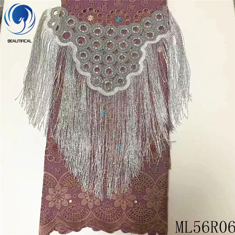 

BEAUTIFICAL Nigerian lace fabrics high quality african voile lace fabric with stones cotton lace and 1neckline 5yards ML56R06