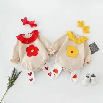 

2020 new stylish babys girls boys romper spring long sleeve girls jumpsuit with hairband 0-2t