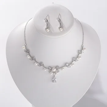

SLBRIDAL Crystal Rhinestones Pearls Cubic Zirconia Wedding Necklace Earring Set Bridal CZ Jewelry Set Party Women Jewelry