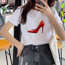 Cheap Sexy cartoon high heels Printed T Shirt Women Top Tees Harajuku kawaii Short Sleeve Ulzzang T-Shirt Femme   Camisetas Mujer 2020